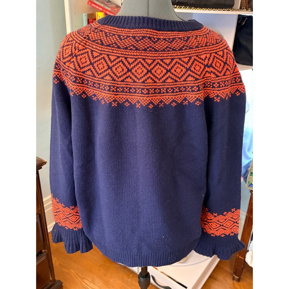 J.Crew Sweater Large Navy Orange Fair Isle Ruffle Cuff Merino Wool Preppy